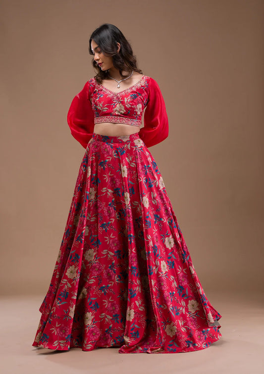 Contemporary Red Satin Lehenga with Beautiful Printed Design for Wedding, Reception, and Party Wear