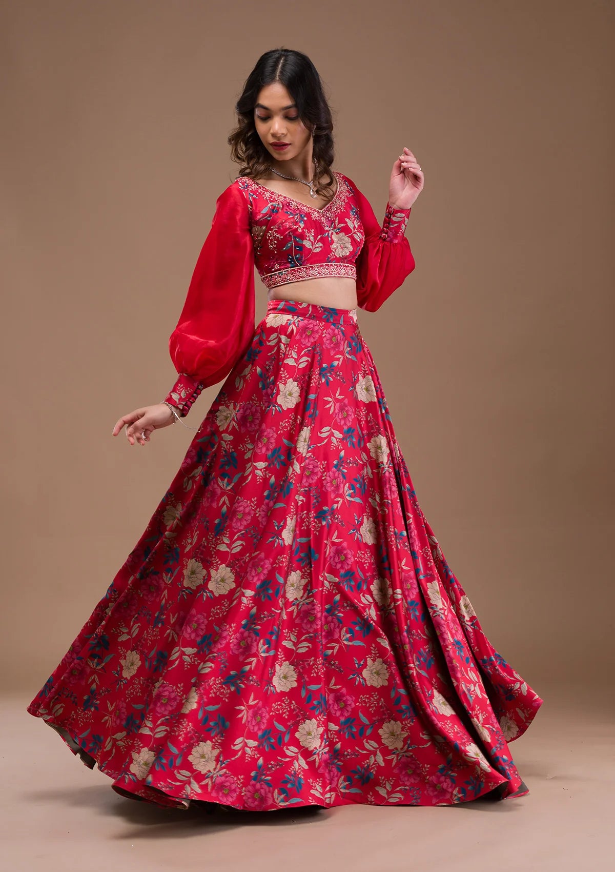 Contemporary Red Satin Lehenga with Beautiful Printed Design for Wedding, Reception, and Party Wear