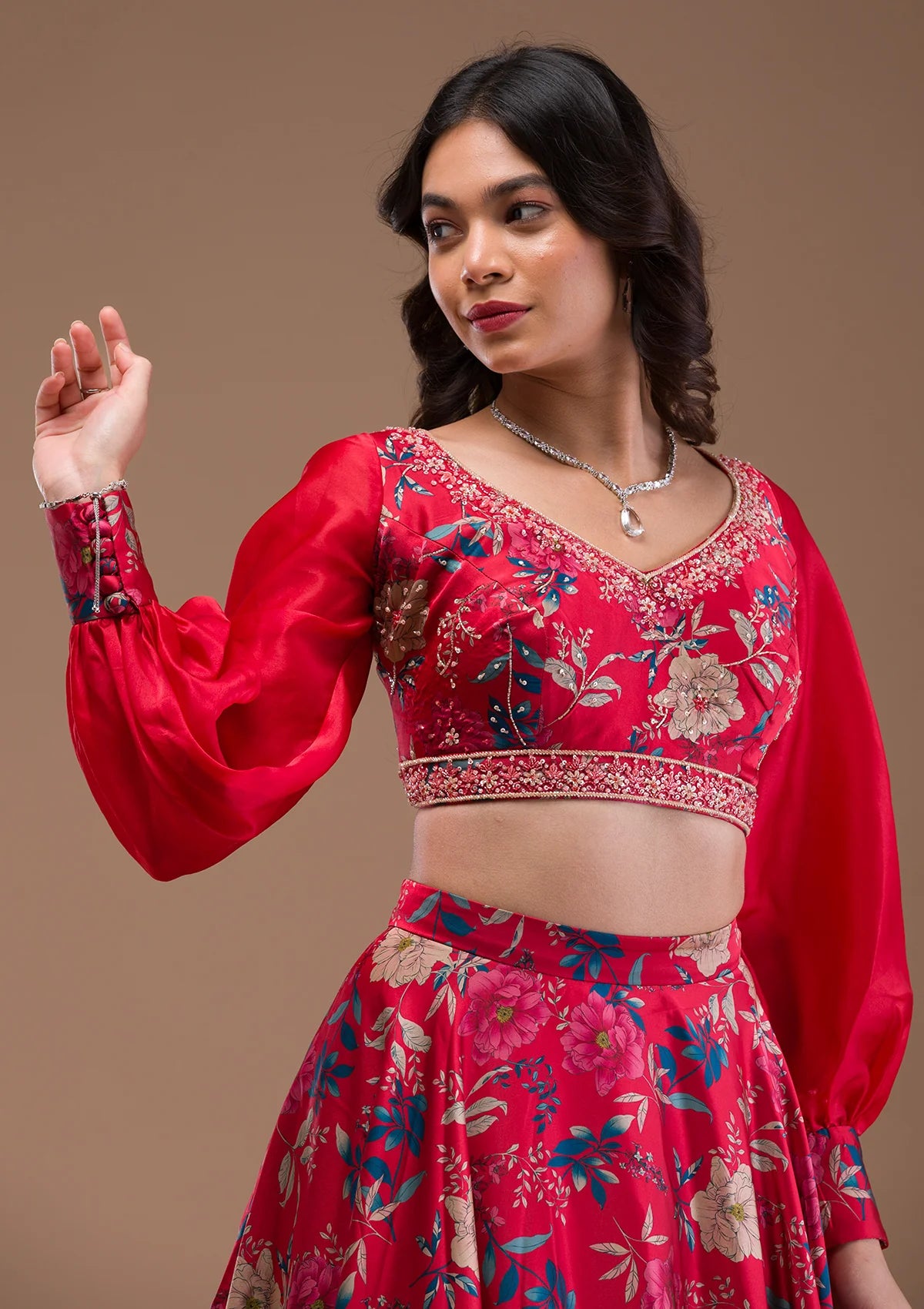 Contemporary Red Satin Lehenga with Beautiful Printed Design for Wedding, Reception, and Party Wear