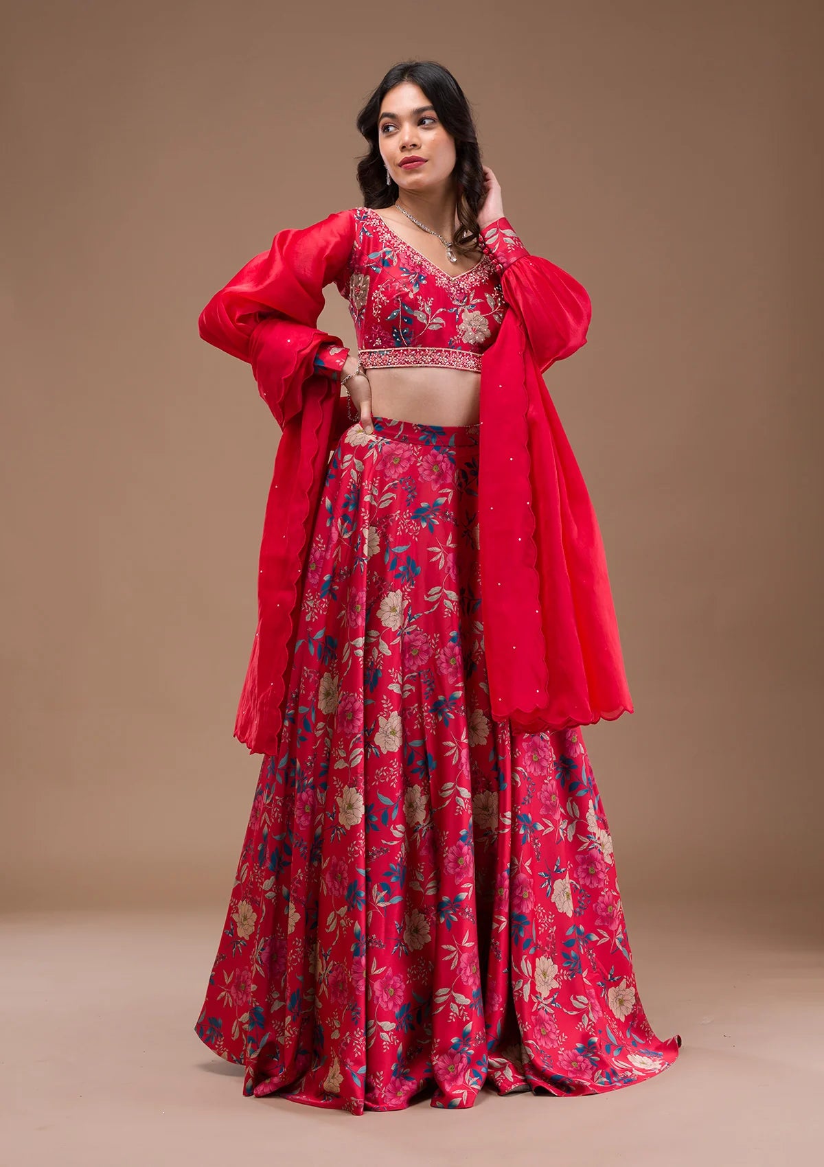 Contemporary Red Satin Lehenga with Beautiful Printed Design for Wedding, Reception, and Party Wear