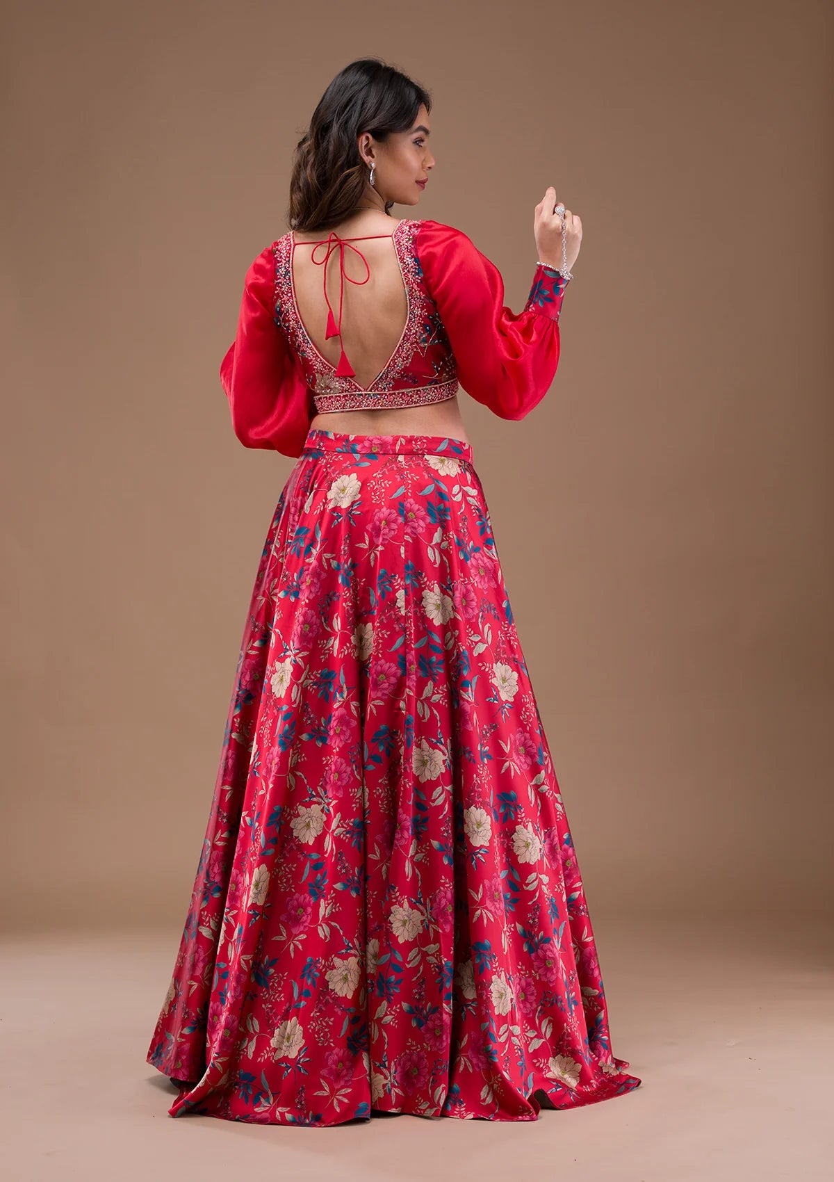 Contemporary Red Satin Lehenga with Beautiful Printed Design for Wedding, Reception, and Party Wear