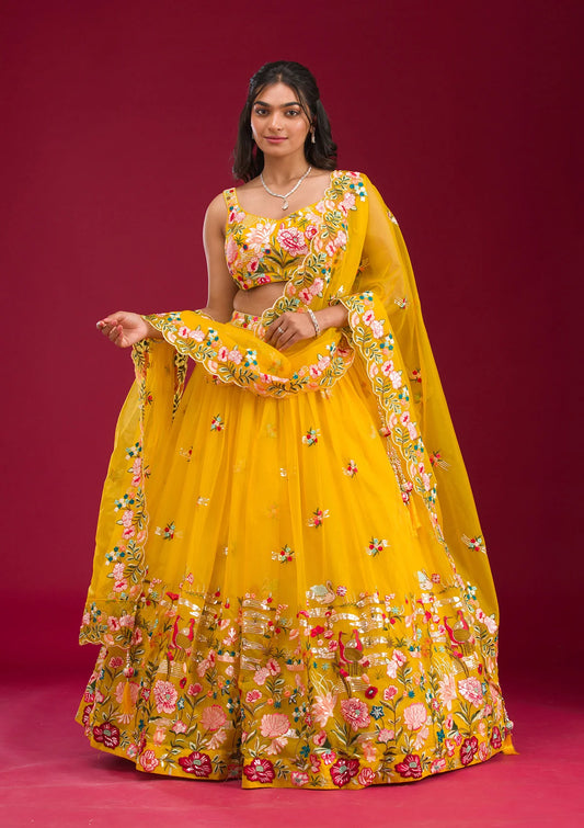 Yellow Threadwork Tissue Readymade Lehenga – Festive & Wedding Wear