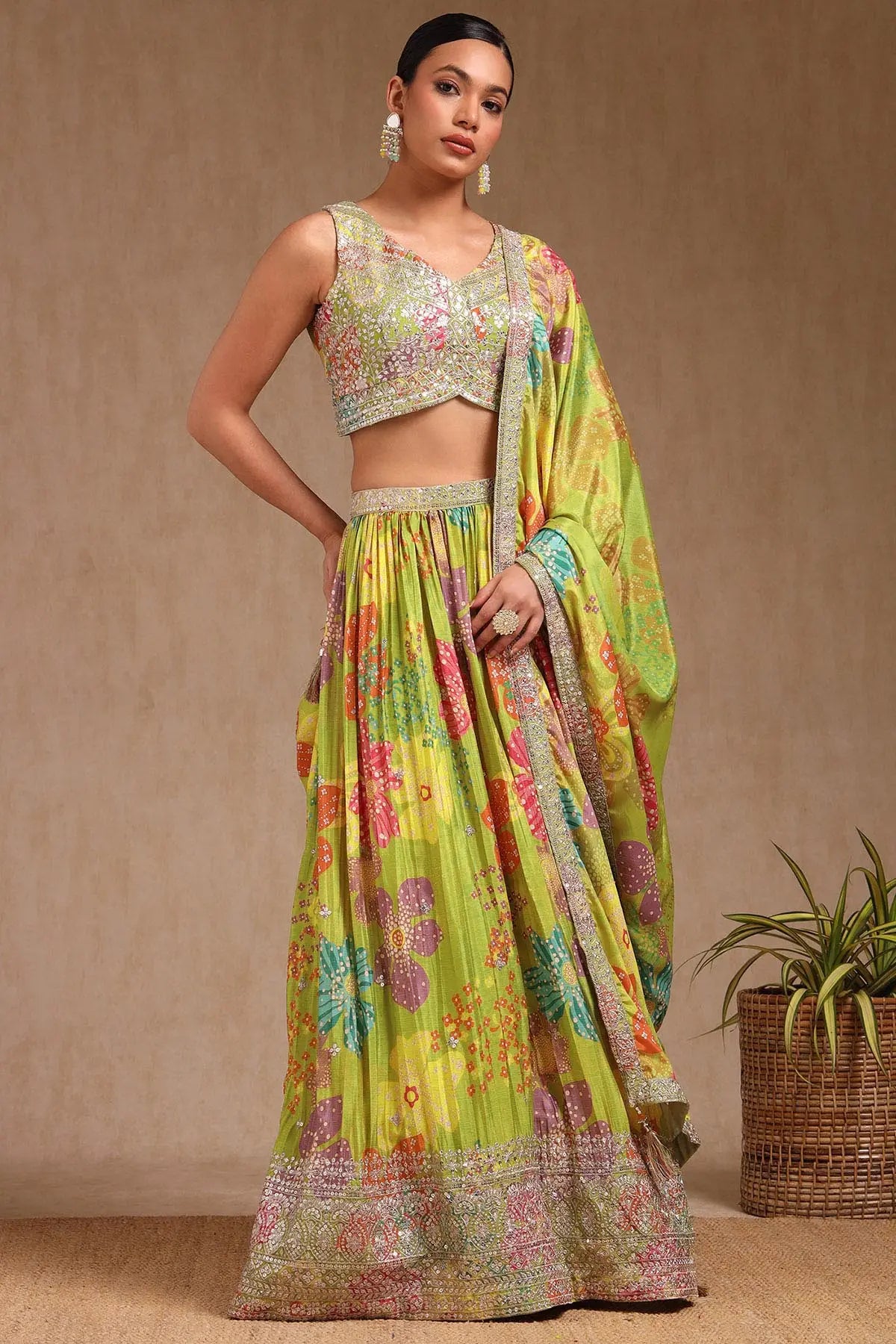 Premium Light Green Chinon Blend Ghagra Choli Featuring Floral Prints with Handcrafted Sequins for Elegant Outfits
