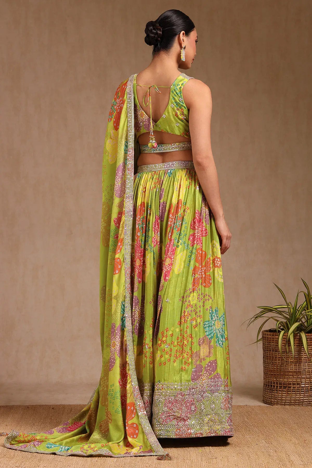 Premium Light Green Chinon Blend Ghagra Choli Featuring Floral Prints with Handcrafted Sequins for Elegant Outfits