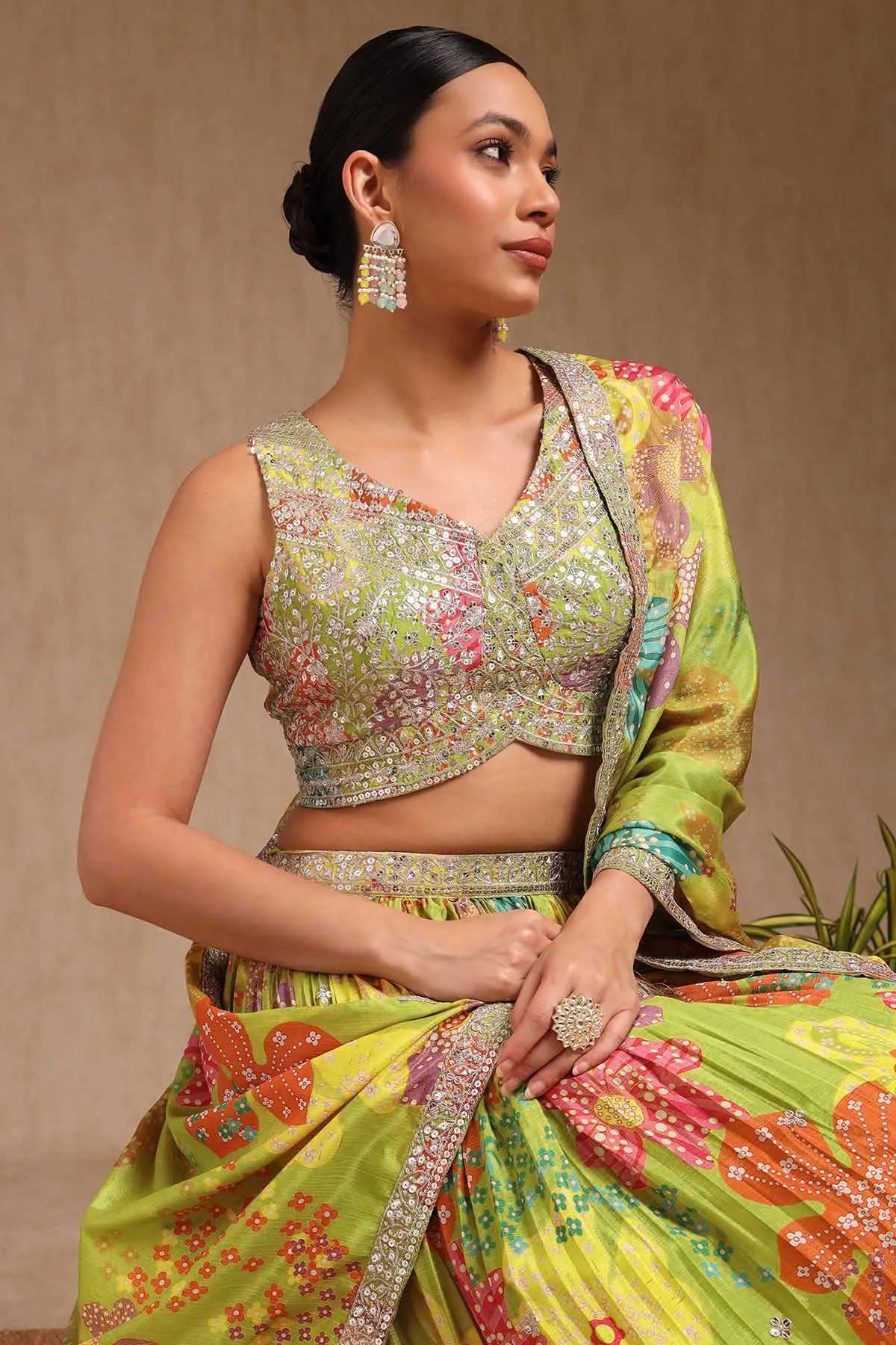 Premium Light Green Chinon Blend Ghagra Choli Featuring Floral Prints with Handcrafted Sequins for Elegant Outfits
