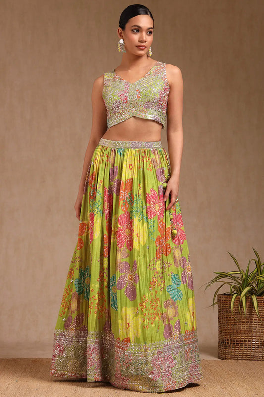Premium Light Green Chinon Blend Ghagra Choli Featuring Floral Prints with Handcrafted Sequins for Elegant Outfits