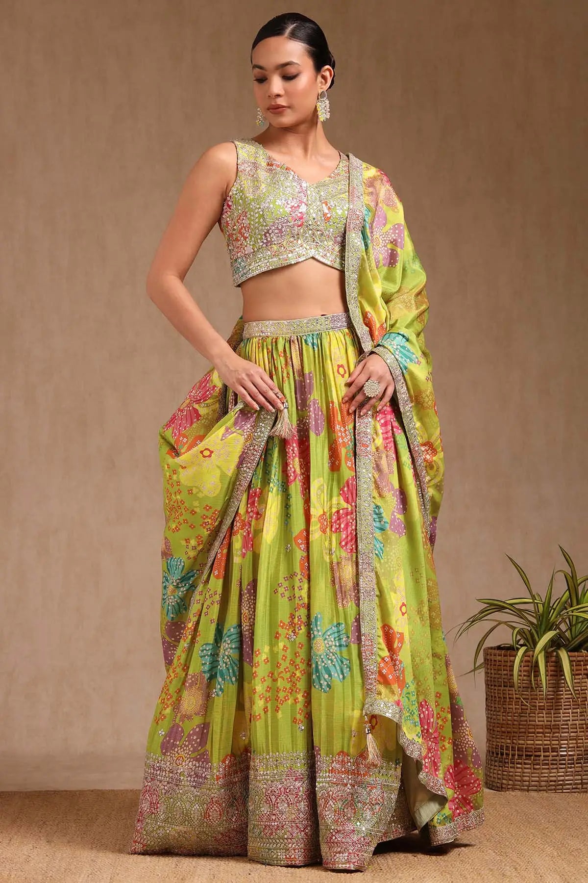 Premium Light Green Chinon Blend Ghagra Choli Featuring Floral Prints with Handcrafted Sequins for Elegant Outfits