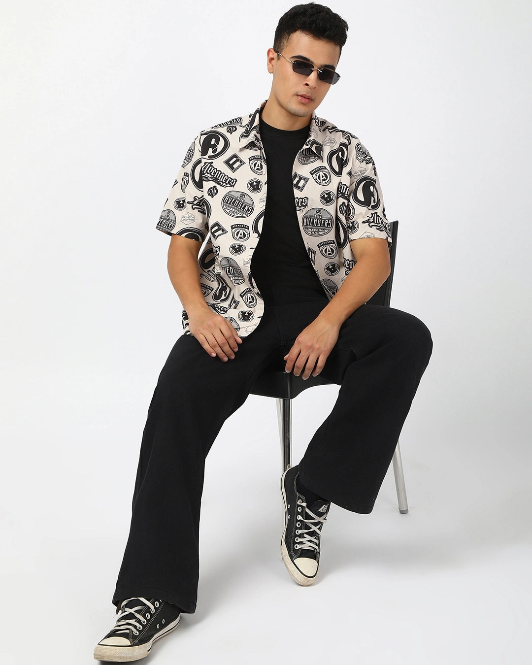 Men's Beige Avengers All Over Printed Oversized Shirt