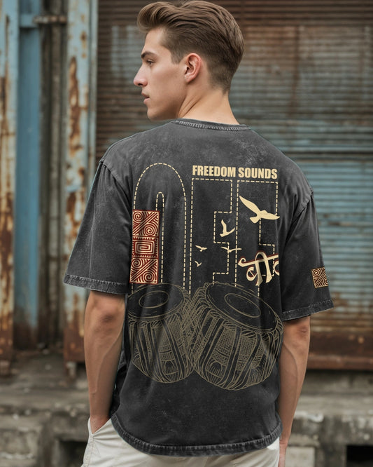 Exclusive Black Freedom Sounds Acid Wash T-Shirt Men’s Oversized Graphic Cotton Top
