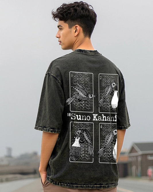 Modern Black Kahani Graphic Printed Oversized Acid Wash T-Shirt Men’s Street Style