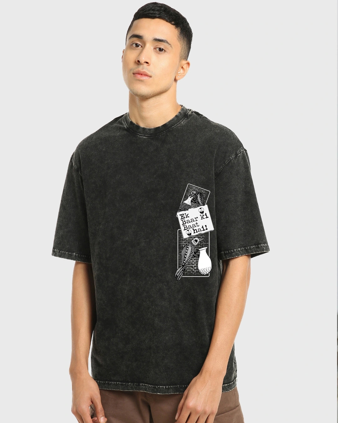 Modern Black Kahani Graphic Printed Oversized Acid Wash T-Shirt Men’s Street Style