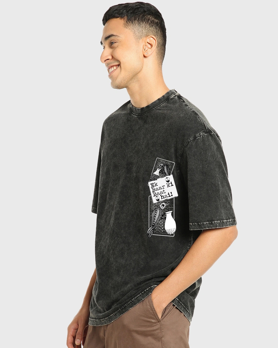 Modern Black Kahani Graphic Printed Oversized Acid Wash T-Shirt Men’s Street Style