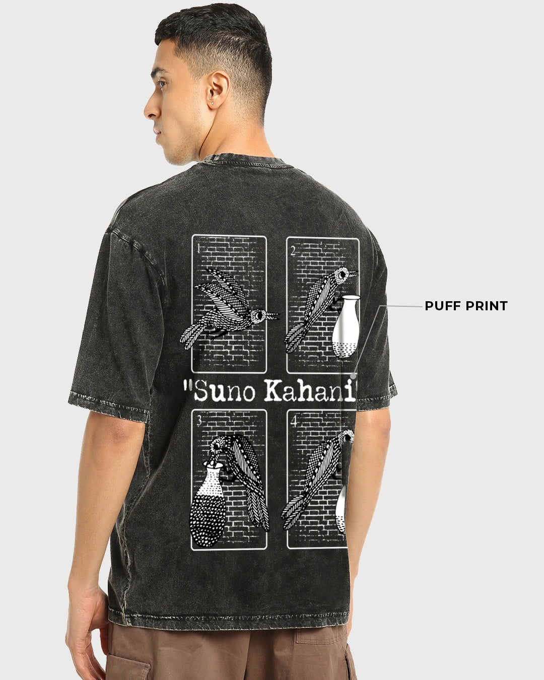Modern Black Kahani Graphic Printed Oversized Acid Wash T-Shirt Men’s Street Style