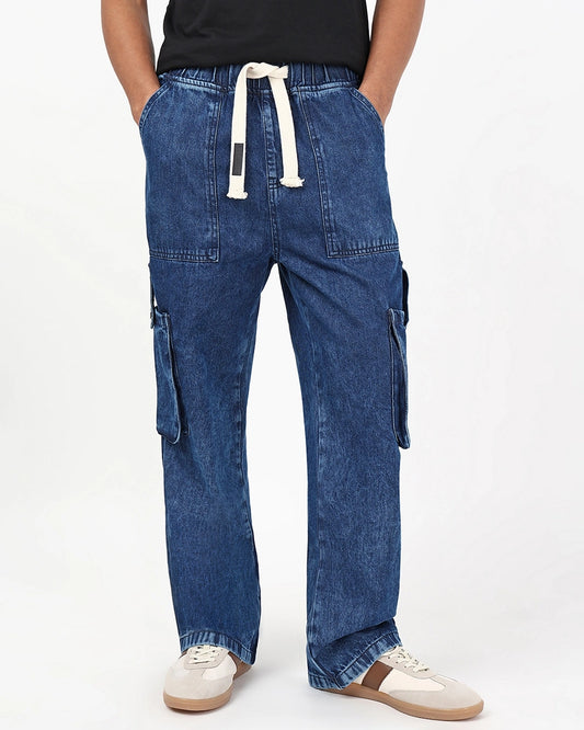 Elegant Blue Washed Straight Fit Cargo Jeans for Men with Relaxed Tailored Finish and Modern Styling