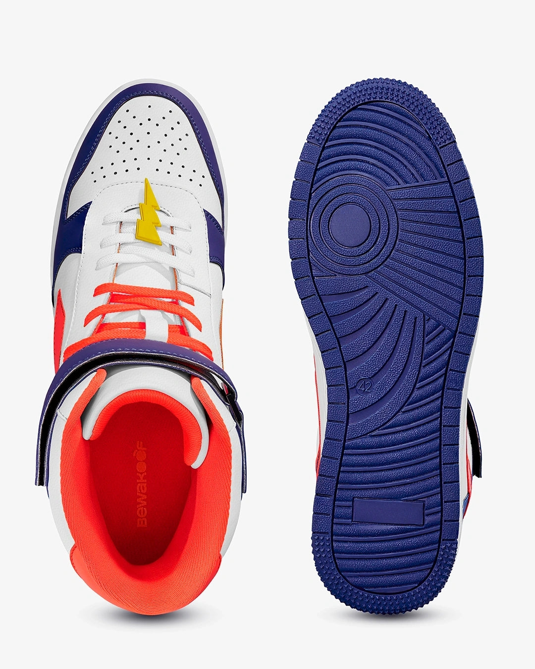 Classic White & Blue Bolt High Top Sneakers for Men with Durable Rubber Outsole and Timeless Look