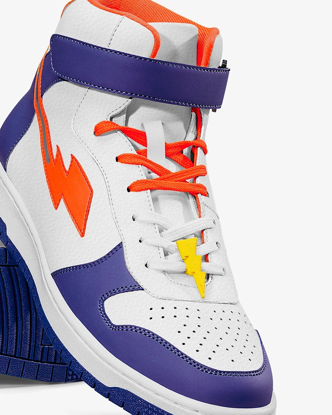 Classic White & Blue Bolt High Top Sneakers for Men with Durable Rubber Outsole and Timeless Look