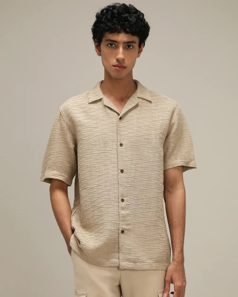 Casual Loose Fit Khaki Dobby Shirt Lightweight Summer Shirt