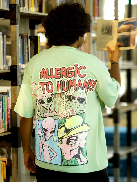 Comfortable Pista Green Oversized T Shirt for Men with Allergic To Human Puff Print Made from Soft Breathable Fabric