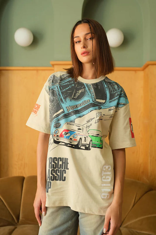 Stylish Oversized T-Shirt for Women with Porsche Logo Print