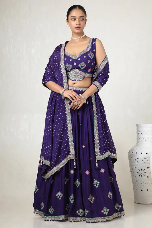 Luxury Purple Chinon Embellished Ghagra Choli Set with Detailed Cutdana Embroidery for Wedding Functions