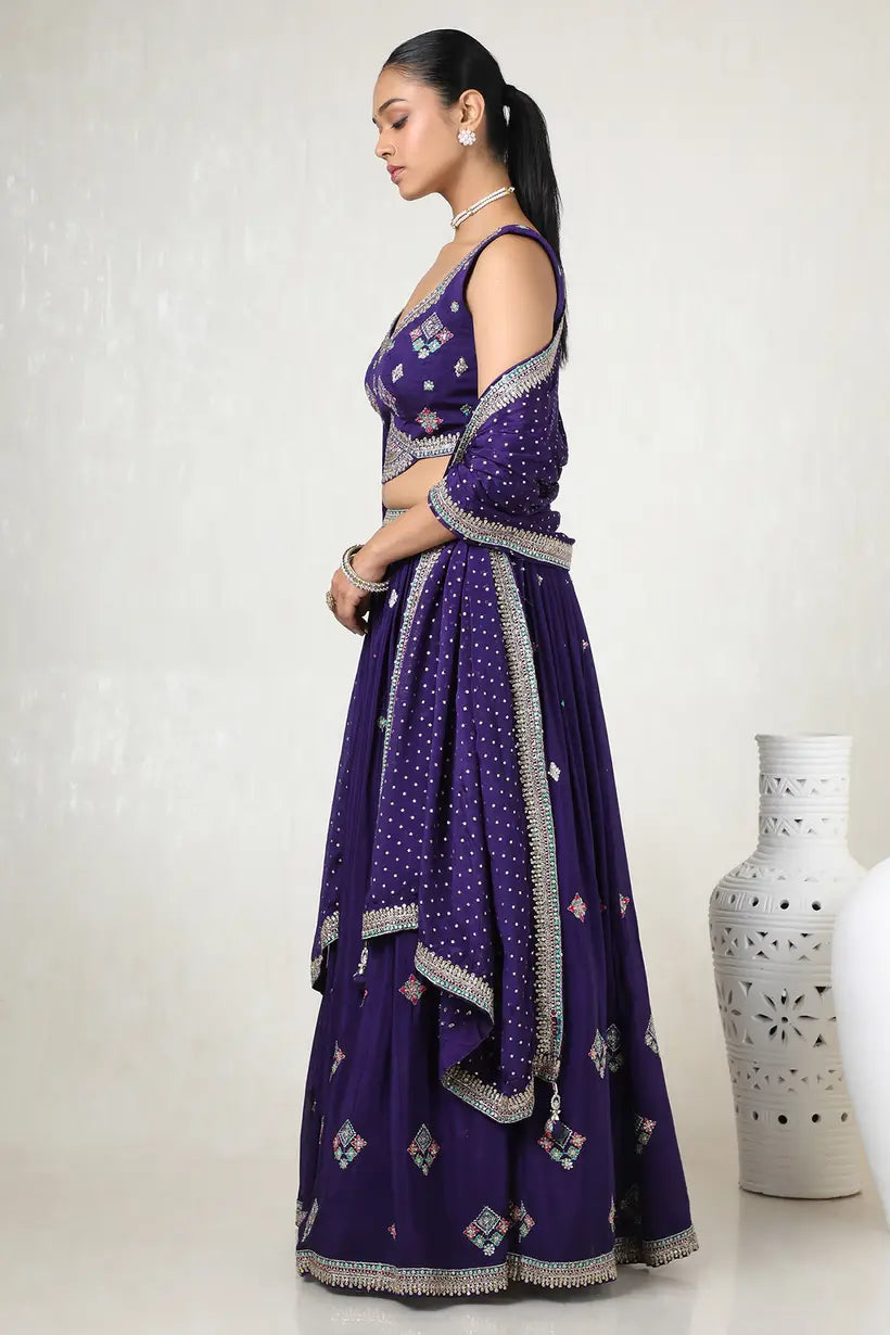 Luxury Purple Chinon Embellished Ghagra Choli Set with Detailed Cutdana Embroidery for Wedding Functions