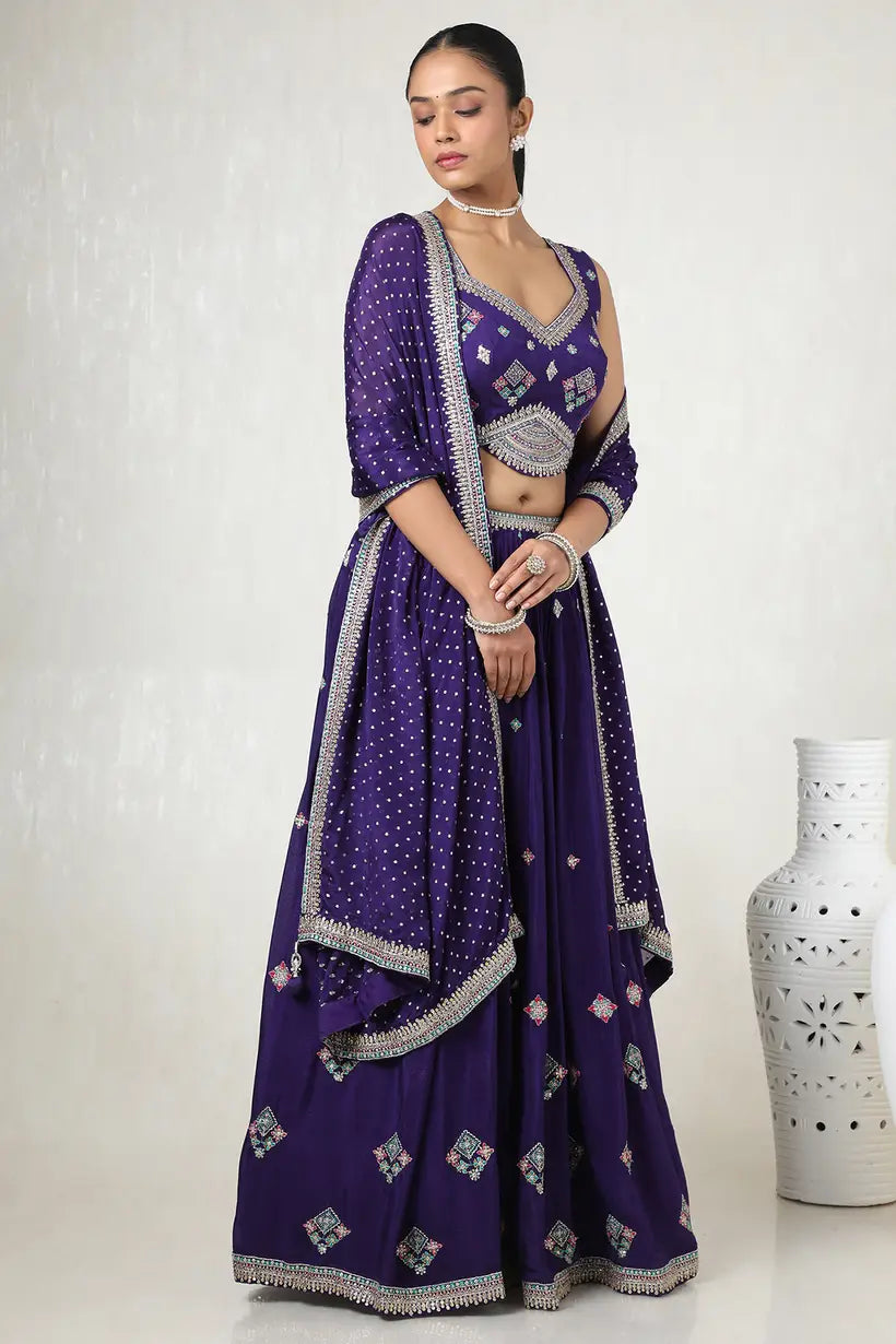 Luxury Purple Chinon Embellished Ghagra Choli Set with Detailed Cutdana Embroidery for Wedding Functions