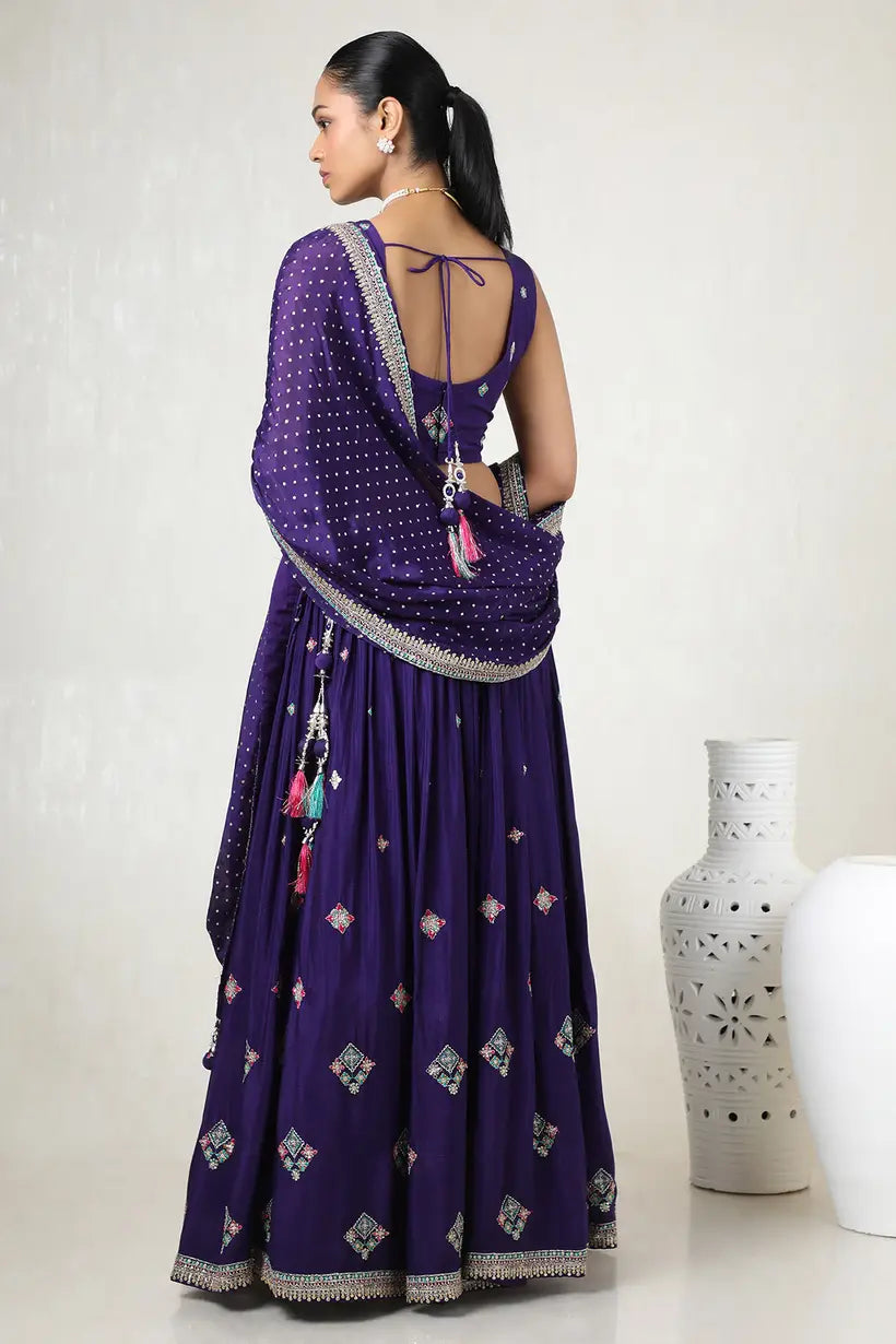 Luxury Purple Chinon Embellished Ghagra Choli Set with Detailed Cutdana Embroidery for Wedding Functions