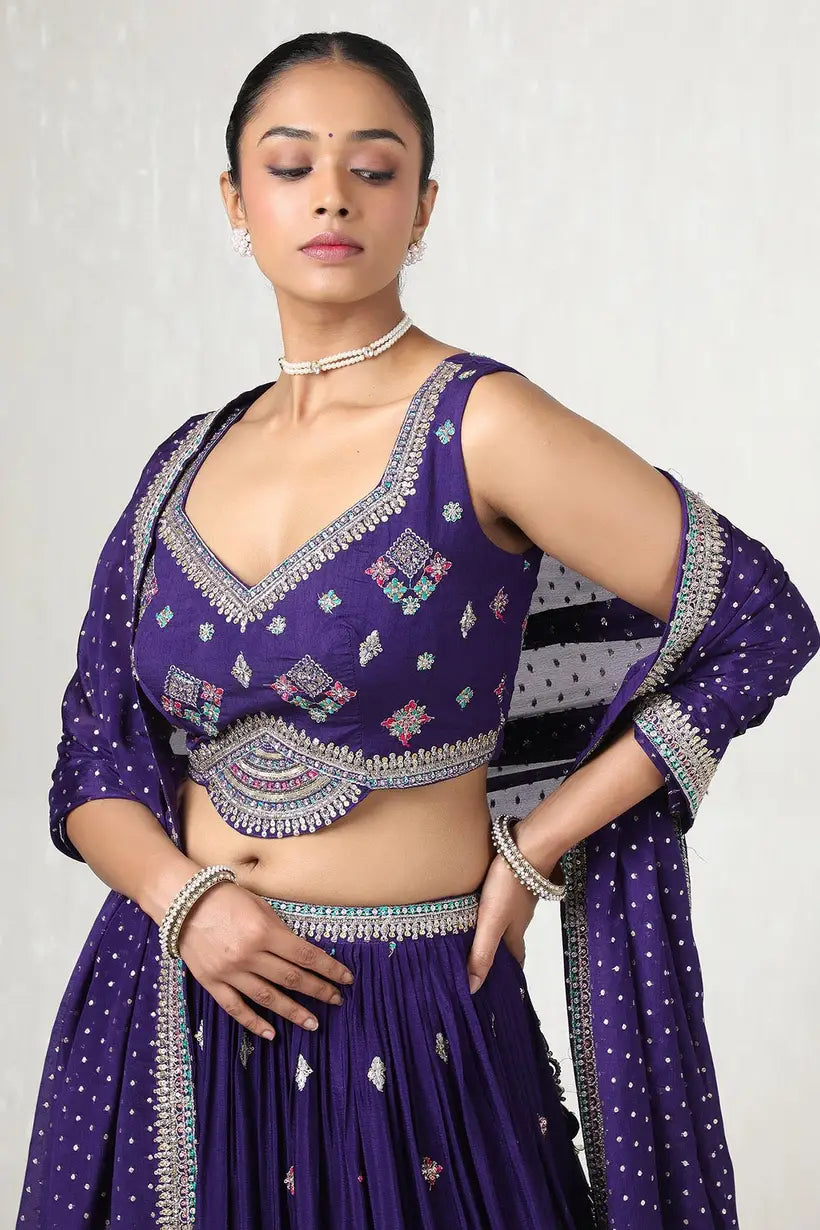 Luxury Purple Chinon Embellished Ghagra Choli Set with Detailed Cutdana Embroidery for Wedding Functions