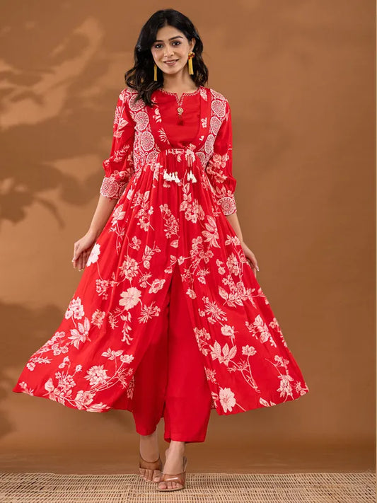 Trendy Women’s Red Silk Kurti Set Featuring Stunning Printed Patterns and Coordinated Bottoms or Palazzo