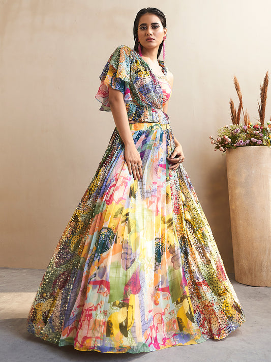 Bright Canary Yellow Handcrafted Lehenga Choli with Sequins and Thread Work