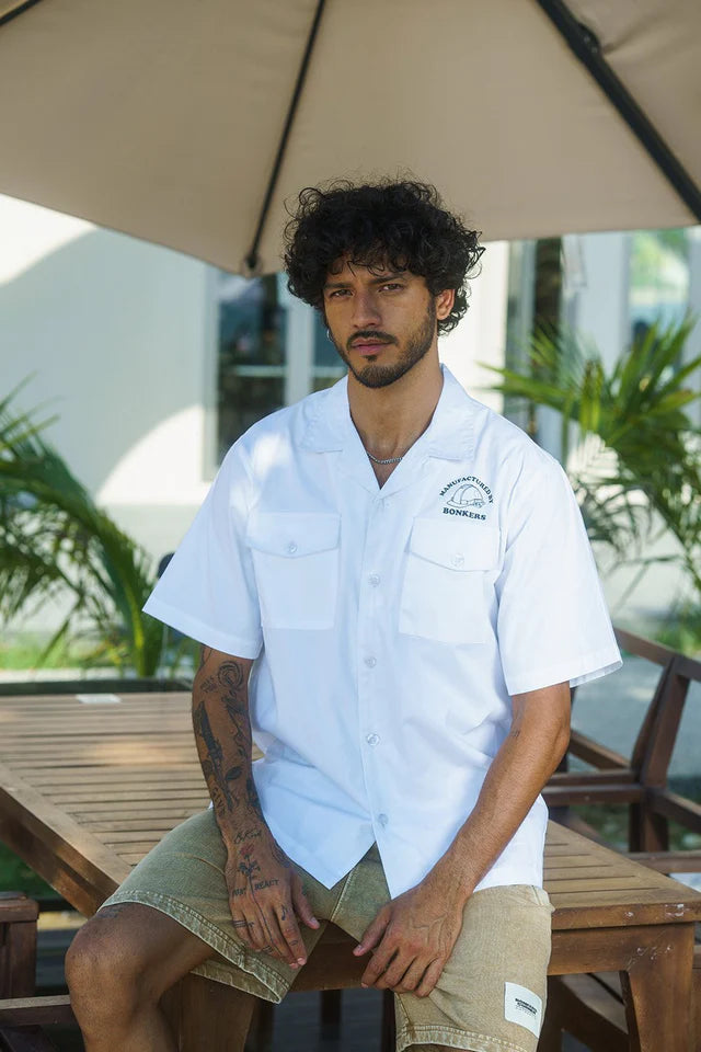 Premium White Utility Shirt Heavyweight Cotton Blend Casual Streetwear Top