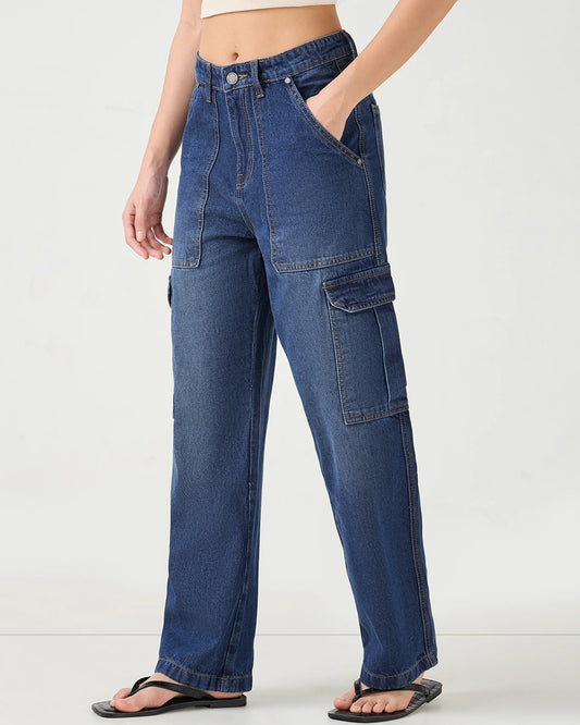 Everyday Womens Straight Fit Dark Blue Washed Cargo Jeans Designed for Utility and Comfort