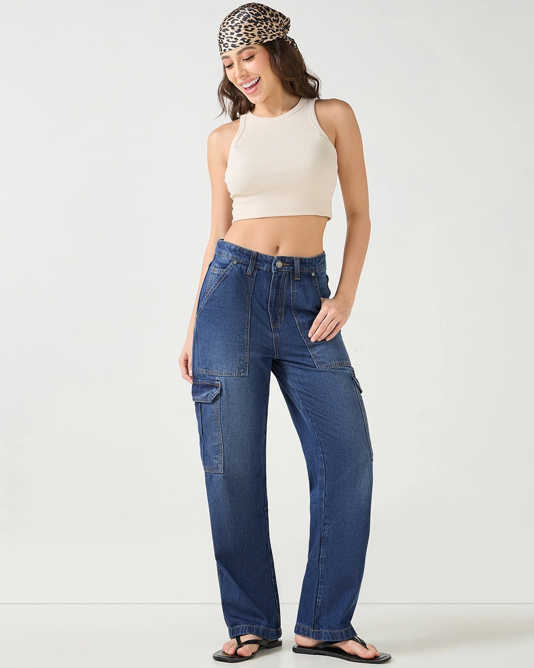 Everyday Womens Straight Fit Dark Blue Washed Cargo Jeans Designed for Utility and Comfort
