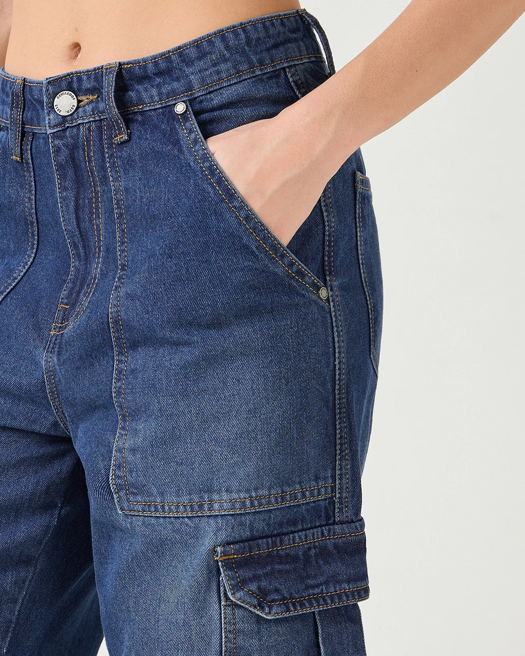 Everyday Womens Straight Fit Dark Blue Washed Cargo Jeans Designed for Utility and Comfort