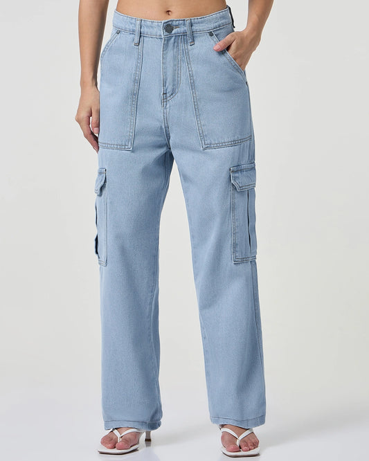 Modern Womens Light Blue Washed Straight Fit Cargo Jeans for Comfortable Everyday Dressing