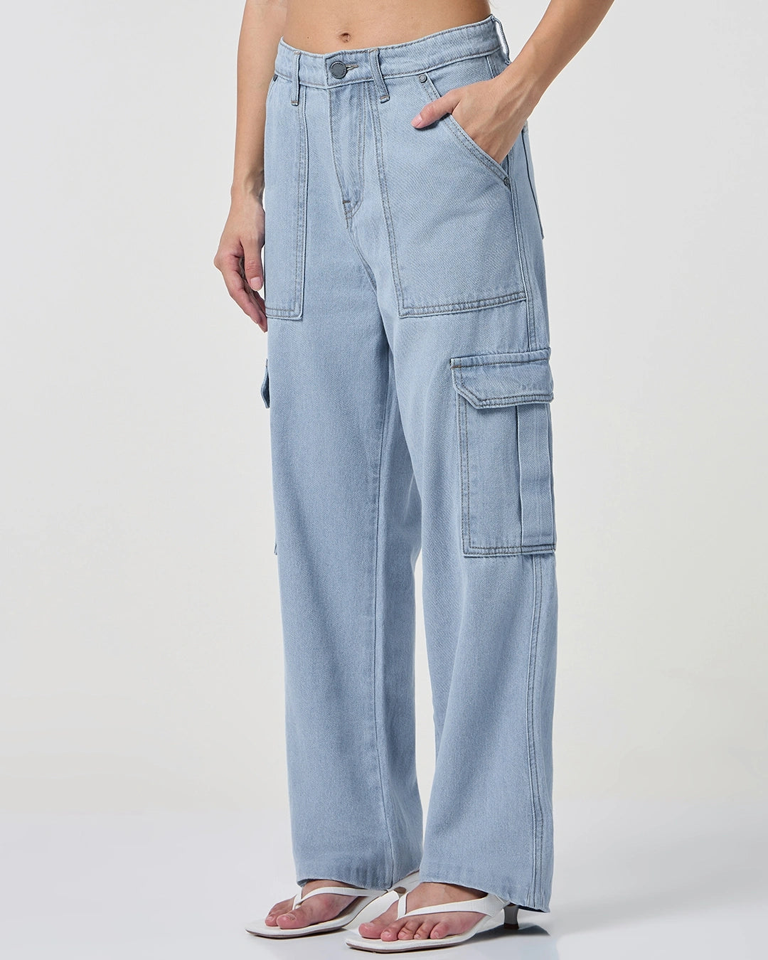 Modern Womens Light Blue Washed Straight Fit Cargo Jeans for Comfortable Everyday Dressing
