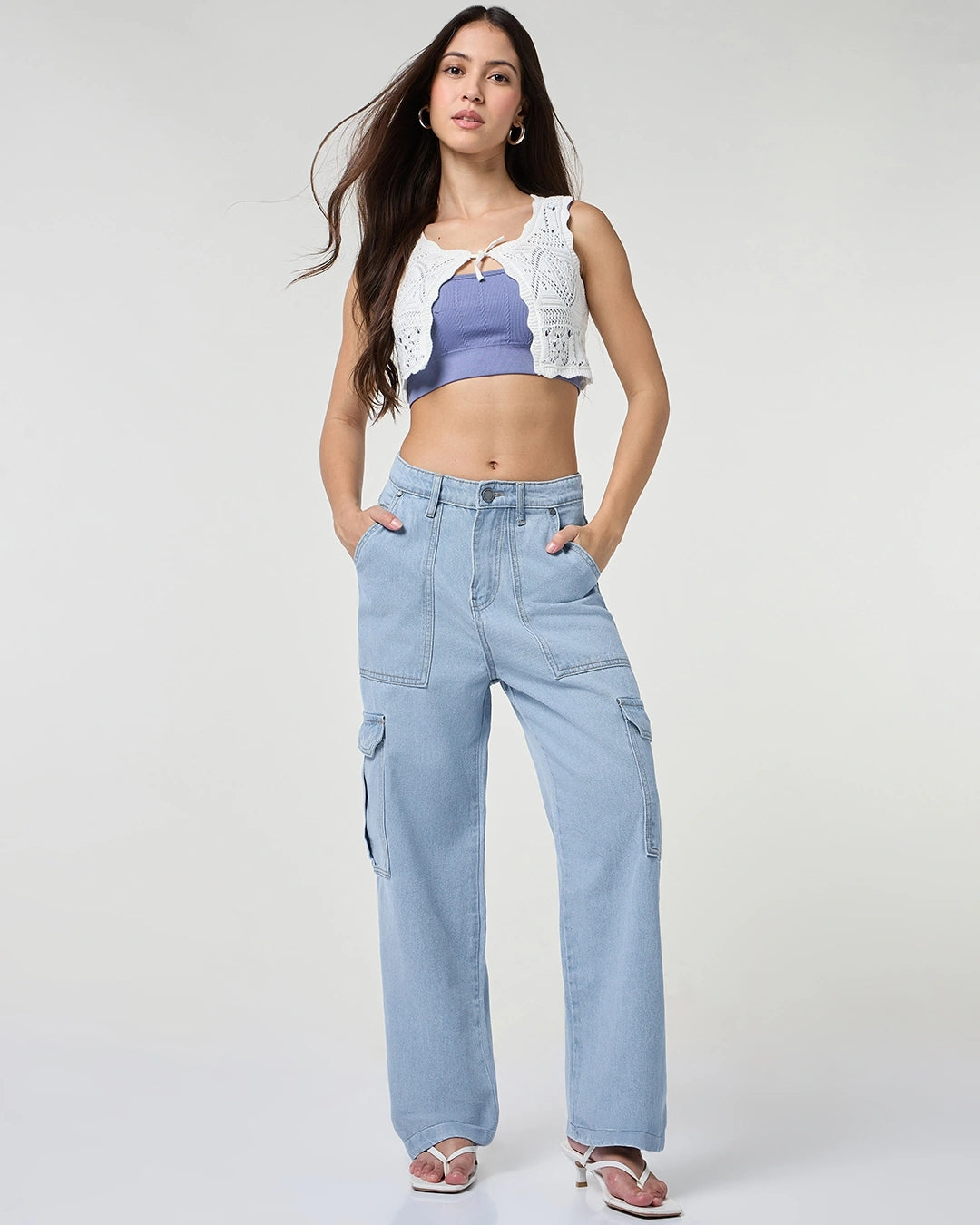 Modern Womens Light Blue Washed Straight Fit Cargo Jeans for Comfortable Everyday Dressing