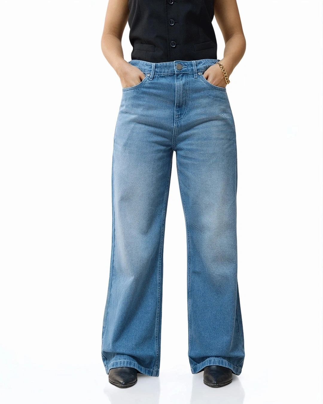 Everyday Women Blue Washed Baggy Wide Leg Jeans with Comfortable Mid Rise Fit