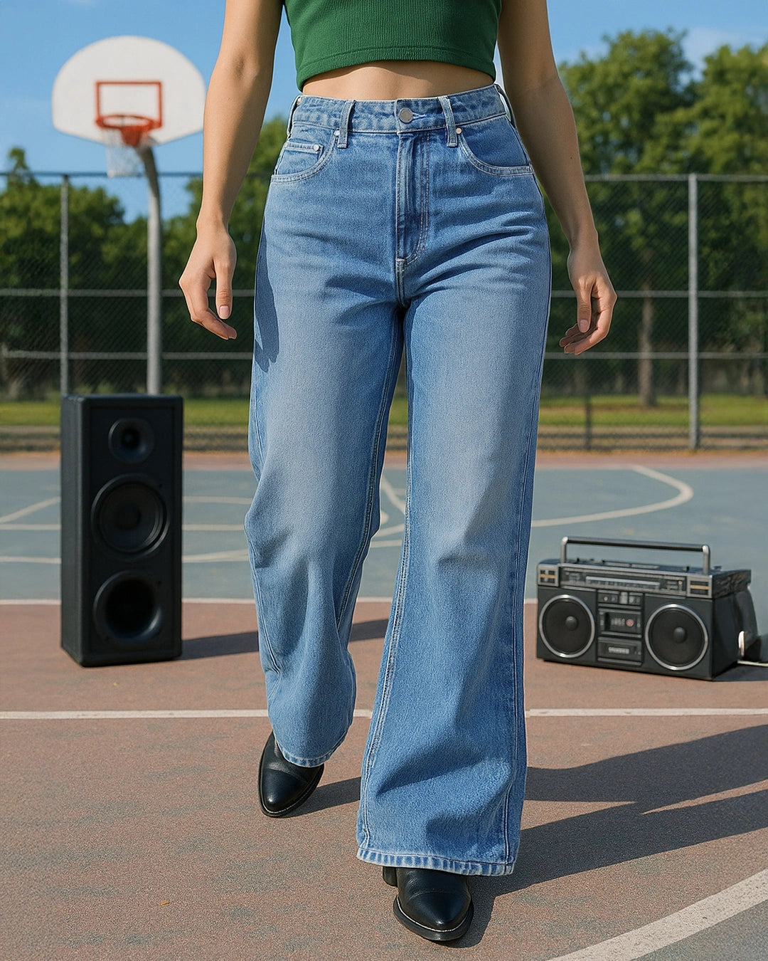 Everyday Women Blue Washed Baggy Wide Leg Jeans with Comfortable Mid Rise Fit