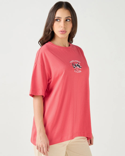 Relaxed Fit Women’s Oversized T-Shirt in Coral Pink Featuring Twilight Club Design for Casual and Lounge Looks