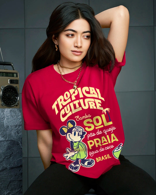 Soft and Comfortable Womens Salsa Red Oversized T Shirt Highlighted with Tropical Culture Print